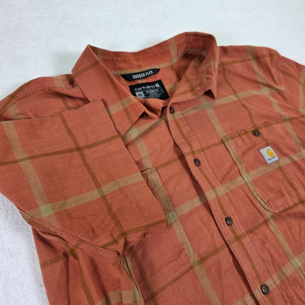 Carhartt Rugged Flex Mens‎ 2XL Orange Plaid Short Sleeve Button Up Shirt
